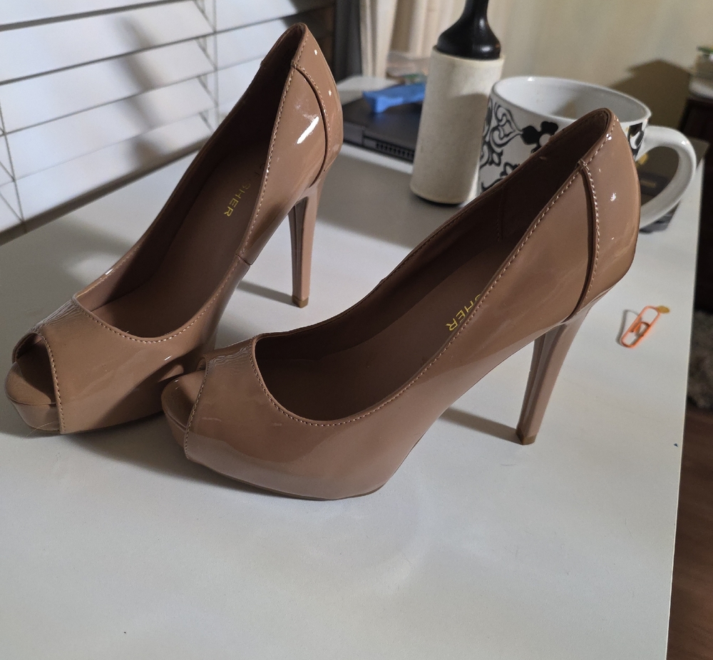 Marc Fisher Beige Patent Leather Peep-Toe Stiletto Heels